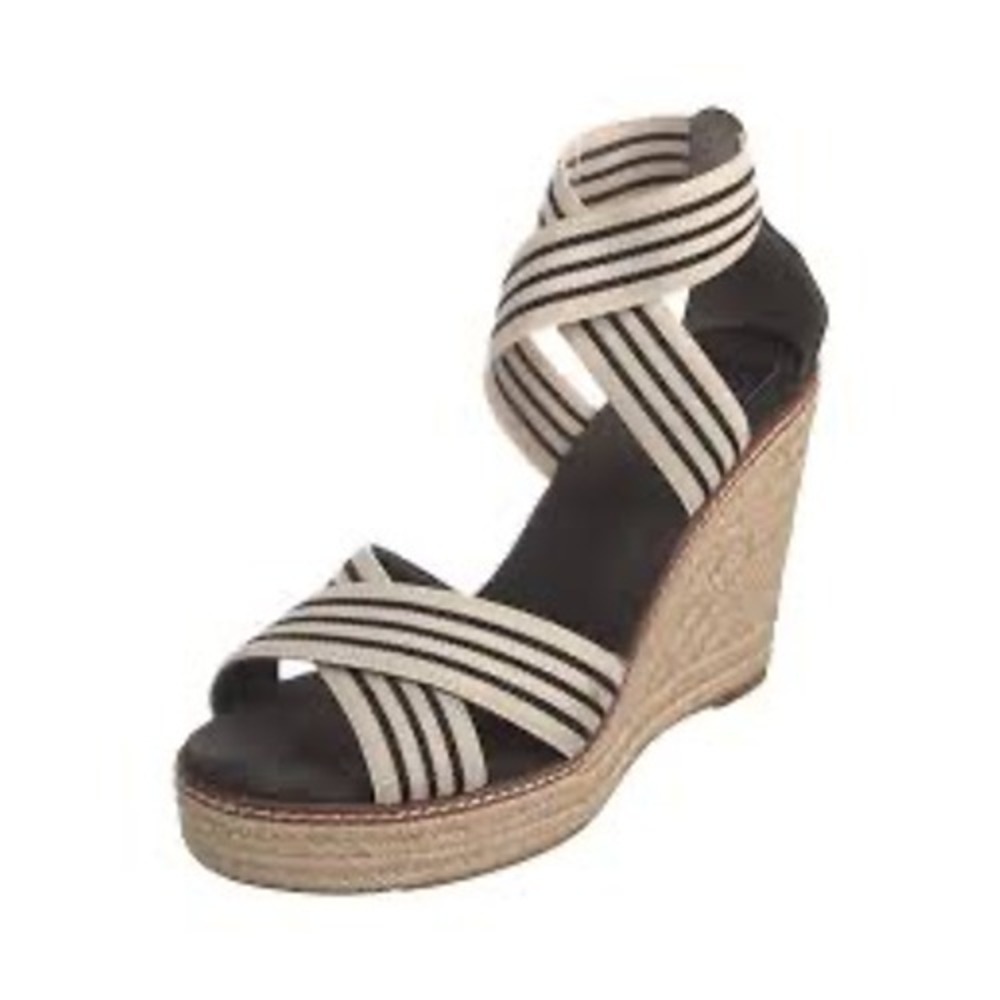 Tory Burch Women Black White Striped Elastic Espadrille Wedge Sandals Size 9